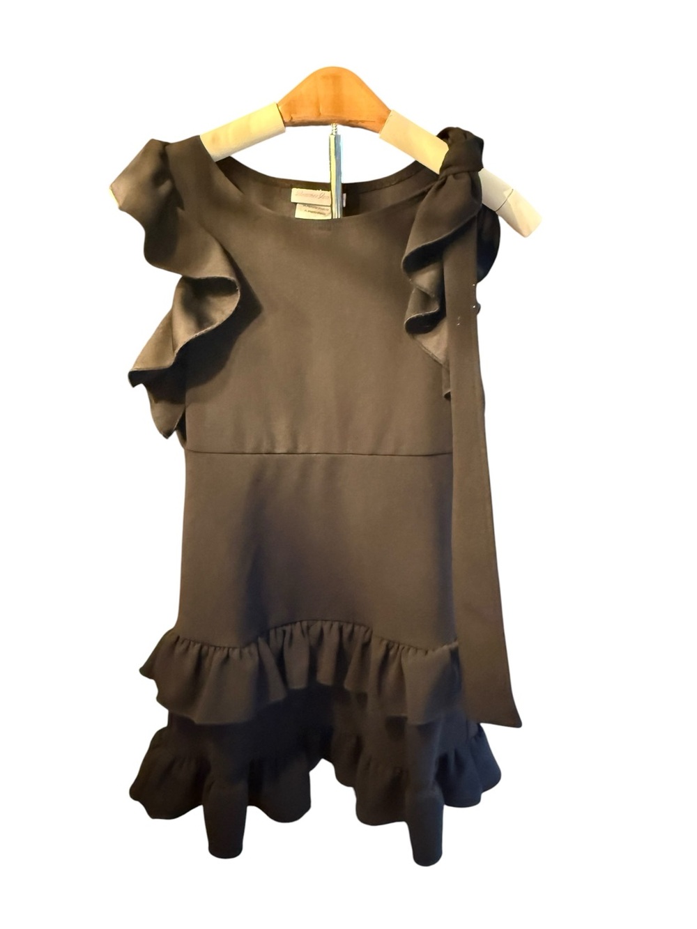 Bonnie Jean Girls Size 7 Black Ruffle Dress Long Shoulder Tie Party Holiday - Picture 2 of 9